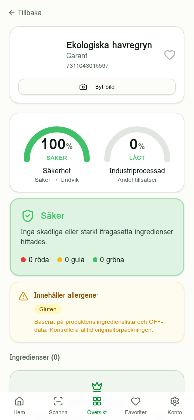 Råkollen-appen som visar en ekologisk produkt med 100% säkerhetsbetyg
